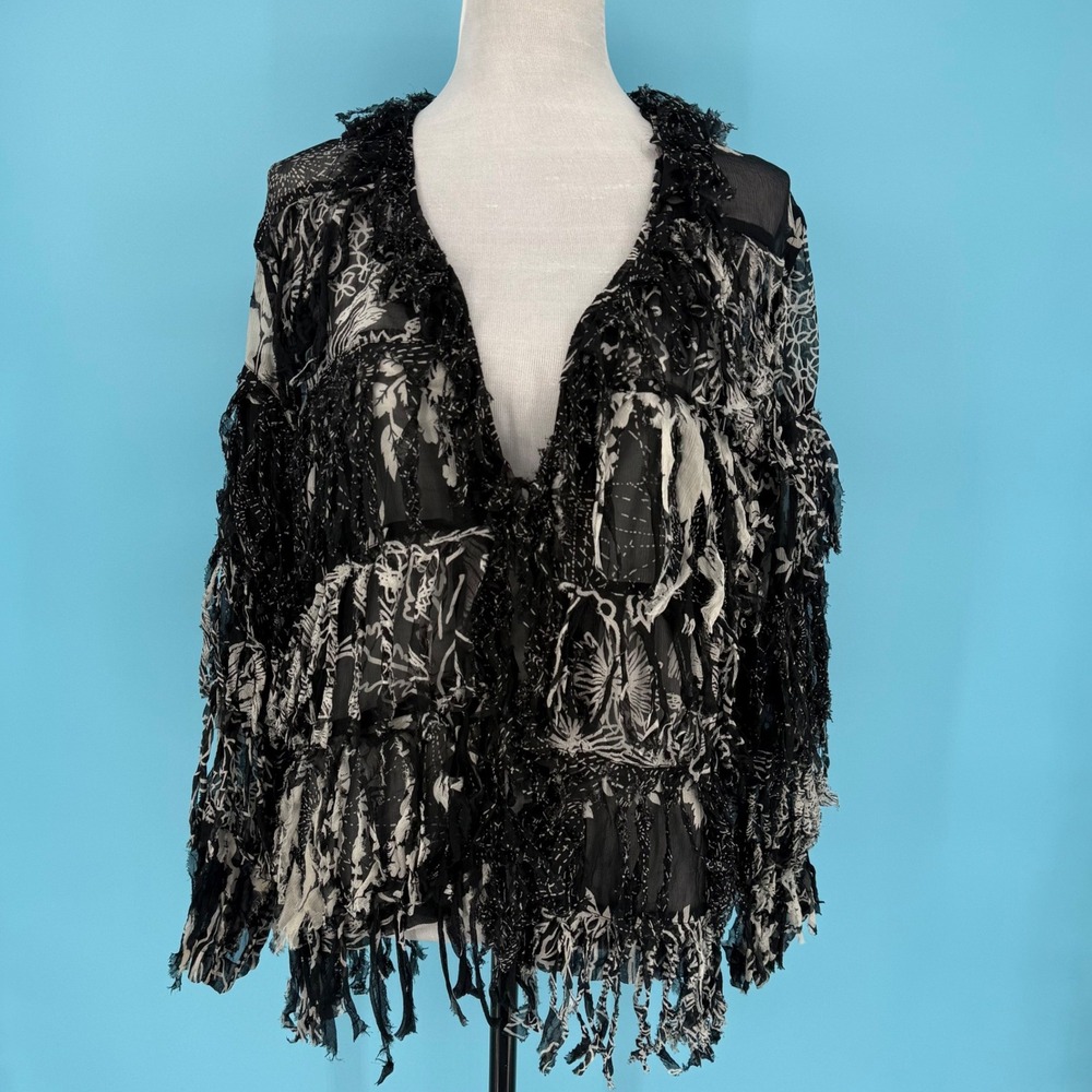 Chico's Y2k Silk Fringe Tie Front Black White Top Size 1 M Boho Indie Art